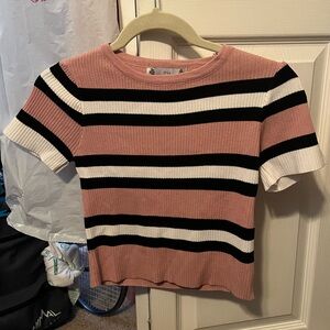 Iris Striped Ribbed Knit Cropped Shirt S Blush Pink Black White Short Sleeve